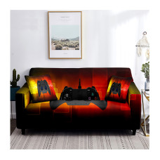 Game Sofa Cover orange black color with black controller design for Gaming Boys Bedroom Playroom Washable Furniture Protector From Dust Stain - 1 Seater 90-140cm